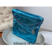 Stylish Best Chanel 22 Metallic Shiny Calfskin Small Shopping Bag AS3260 Blue 2024