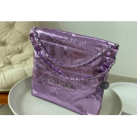 Best Grade Chanel 22 Metallic Shiny Calfskin Small Shopping Bag AS3260 Purple 2024