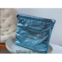 Buy Luxurious Chanel 22 Metallic Shiny Calfskin Shopping Bag AS3261 Light Blue 2024