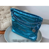 High Quality Chanel 22 Metallic Shiny Calfskin Shopping Bag AS3261 Blue2 2024