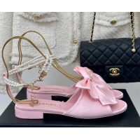 Pretty Style Chanel Silk Flat Sandals with Maxi Bow and Pearls Light Pink 629052