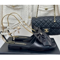 Top Grade Chanel Lambskin Flat Sandals with Maxi Bow and Pearls Black 629054