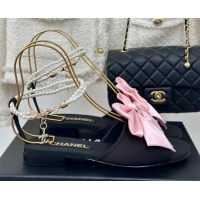 Purchase Chanel Silk Flat Sandals with Maxi Bow and Pearls Balck/Pink 629055