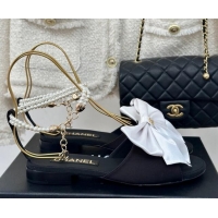 Unique Style Chanel Silk Flat Sandals with Maxi Bow and Pearls Black/White 629056