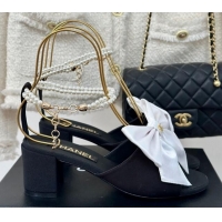 Luxurious Chanel Silk Heel Sandals 6cm with Maxi Bow and Pearls Black/White 629057