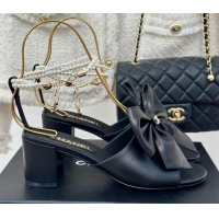 Most Popular Chanel Lambskin Heel Sandals 6cm with Maxi Bow and Pearls Balck 629058