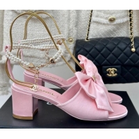 Best Product Chanel Silk Heel Sandals 6cm with Maxi Bow and Pearls Light Pink 629059