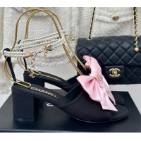 Lowest Price Chanel Silk Heel Sandals 6cm with Maxi Bow and Pearls Black/Pink 629060