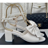 Best Price Chanel Lambskin Heel Sandals 6cm with Maxi Bow and Pearls White 629062