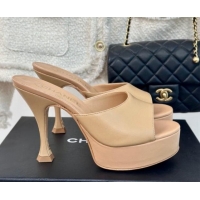 Best Grade Chanel Lambskin Platform Slides Sandal 9.5cm Beige 407003