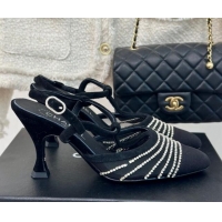 Grade Quality Chanel Mesh & Grosgrain Slingback Pumps 8.5cm with Strass Stripes Black Suede 407004