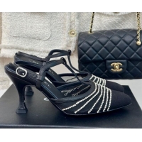 Low Price Chanel Mesh & Grosgrain Slingback Pumps 8.5cm with Strass Stripes Black Leather 407006