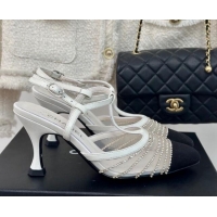 Popular Style Chanel Mesh & Grosgrain Slingback Pumps 8.5cm with Strass Stripes White 407007