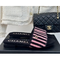 Top Design Chanel Braided Flat Slides Sandal Black/Pink 407009