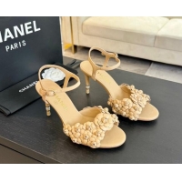 Trendy Design Chanel Lambskin Heel Sandals 8cm with Bloom Beige 407017