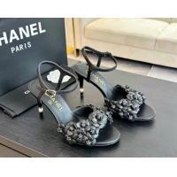 Good Product Chanel Lambskin Heel Sandals 8cm with Bloom Black 407018