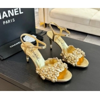 1:1 aaaaa Chanel Lambskin Heel Sandals 8cm with Bloom Gold 407019