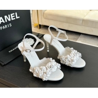 Perfect Chanel Lambskin Heel Sandals 8cm with Bloom White 407021