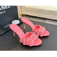 Sophisticated Chanel Lambskin Heel Slides Sandal 8cm with Bloom Pink 407022