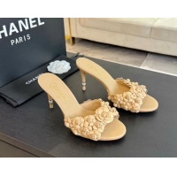 Stylish Chanel Lambskin Heel Slides Sandal 8cm with Bloom Beige 407023