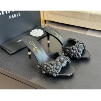 Grade Chanel Lambskin Heel Slides Sandal 8cm with Bloom Black 407024