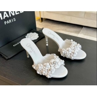 Popular Style Chanel Lambskin Heel Slides Sandal 8cm with Bloom White 407025