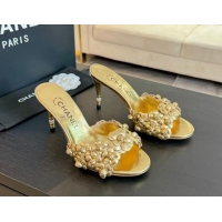 Charming Chanel Lambskin Heel Slides Sandal 8cm with Bloom Gold 407026