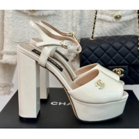 Luxury Chanel Patent Calfskin Platform High Heel Sandals 11.5cm Cream White 407029