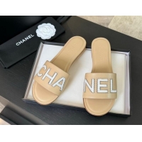 Hot Style Chanel Calfskin & Patent Flat Slides Sandal Beige 701038