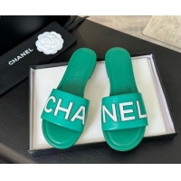 Good Quality Chanel Calfskin & Patent Flat Slides Sandal Green 701037