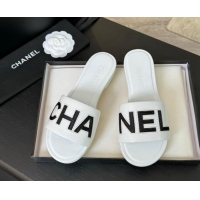 Good Product Chanel Calfskin & Patent Flat Slides Sandal White 701040