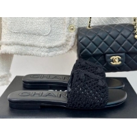 Best Product Chanel Crochet Flat Slides Sandal Black 701046