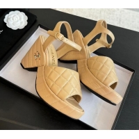 Popular Style Chanel Quilted Lambskin Platform Sandals 8cm Beige 701059