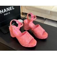 Discount Chanel Quilted Suede Platform Sandals 8cm with Strass Pink 701062