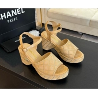 Best Product Chanel Quilted Suede Platform Sandals 8cm with Strass Beige 701063