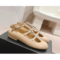 Popular Style Chanel Calfskin Mary Janes Ballet Flat with Pearls Strap Beige 701069