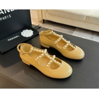 Grade Chanel Calfskin Mary Janes Ballet Flat with Pearls Strap Apricot 701071