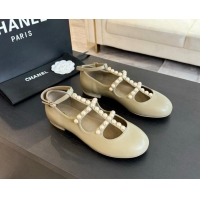 Charming Chanel Calfskin Mary Janes Ballet Flat with Pearls Strap Khaki Green 701072