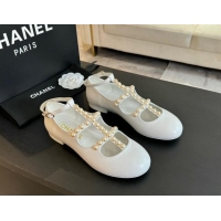 Good Quality Chanel Calfskin Mary Janes Ballet Flat with Pearls Strap Pale Grey 701073