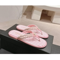 Good Quality Chanel Striped Flat Thong Slides Sandal Pink/White 701074