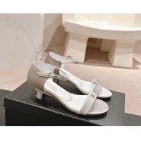 Stylish Chanel Satin Heel Sandals 5cm with CC Light Grey 701079