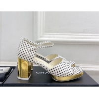 Sumptuous Chanel Calfskin Sandals 7.5cm with Gold-Tone Heel and Dots White 701085