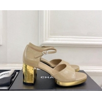 Hot Style Chanel Calfskin Sandals 7.5cm with Gold-Tone Heel Beige 701087