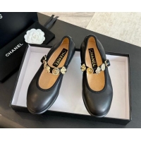 Good Quality Chanel Lambskin Mary Janes Ballet Flat with Charm Black 701090