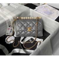 Inexpensive Chanel Shiny Lambskin Mini Flap Bag with Top Handle Bag AS5001 Pearls Grey 2024