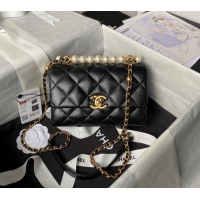 Low Price Chanel Shiny Lambskin Mini Flap Bag with Top Handle Bag AS5001 Pearls Black 2024