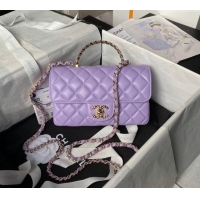 Promotional Chanel Shiny Lambskin Mini Flap Bag with Top Handle and Strass AS4924 Purple 2024