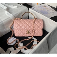 Low Cost Chanel Shiny Lambskin Mini Flap Bag with Top Handle and Strass AS4924 Light Pink 2024