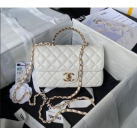 Super Quality Chanel Shiny Lambskin Mini Flap Bag with Top Handle and Strass AS4924 White 2024