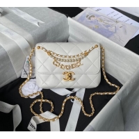 Top Quality Chanel Shiny Lambskin Mini Flap Bag with Pearls AS4986 White 2024